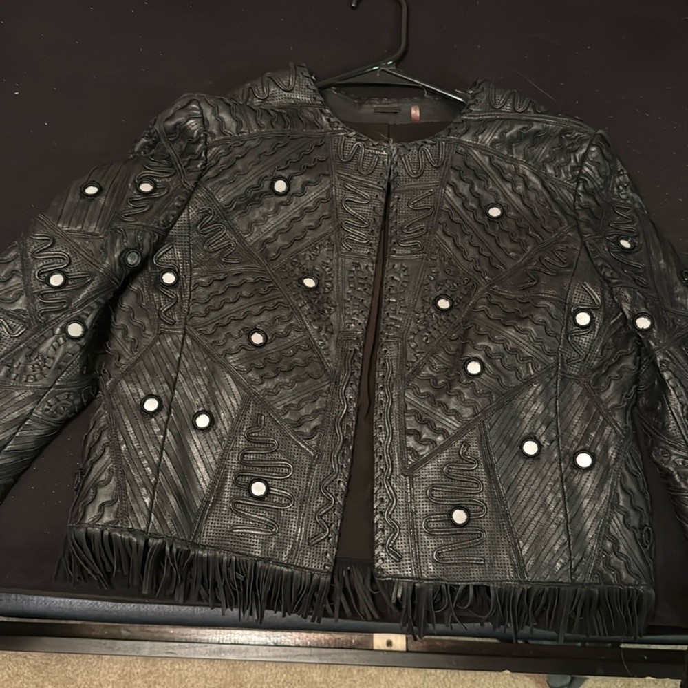 Vintage Elie Tahari Genuine leather jacket with fringe and mirror embellishments